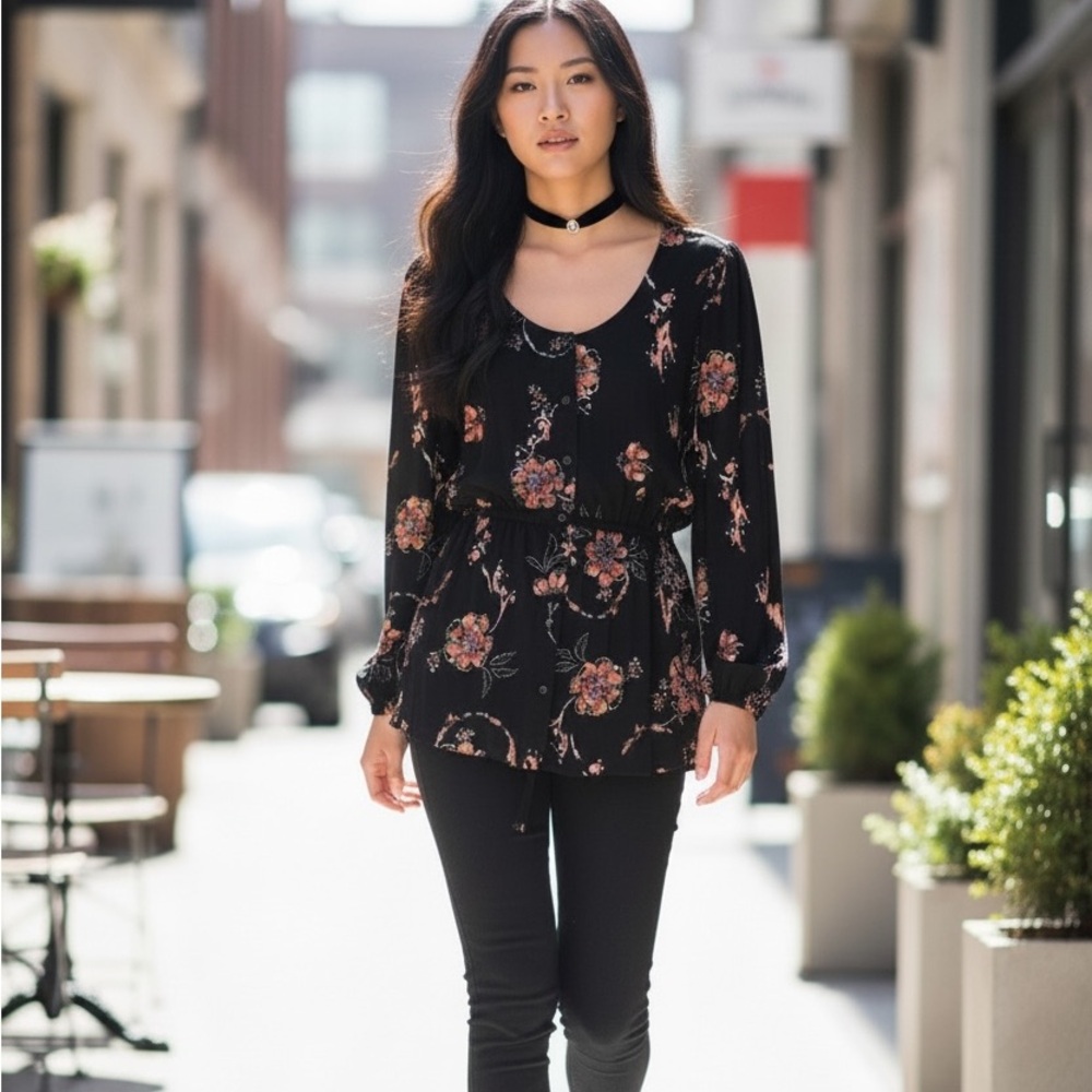 Fat Face Dark Floral Knit Blouse Top Sz UK8 USA 4 Boho Romantic Babydoll Black